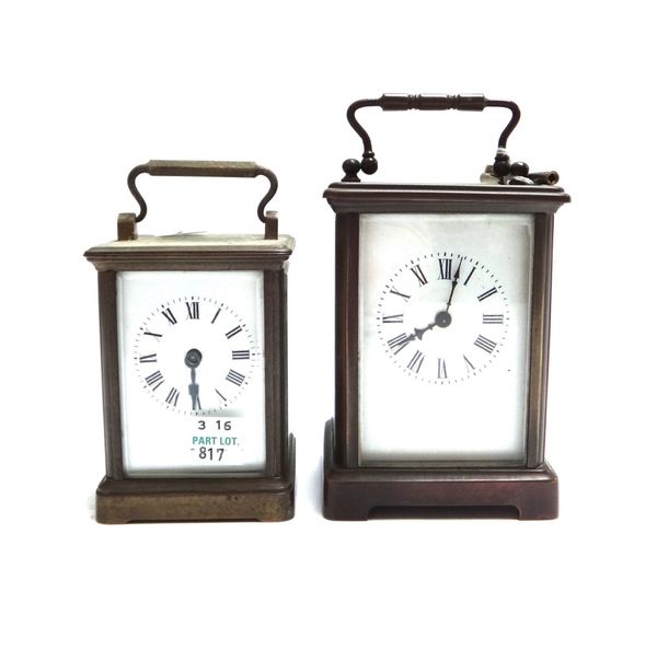 A brass cased carriage clock, early 20th century, with white enamel dial and single train movement, 11cm high, together with another smaller brass cas