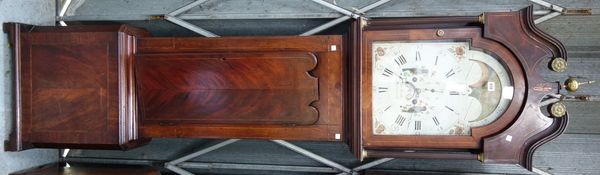 A late 19th century thirty day mahogany and inlaid longcase clock, the arch top hood enclosing a painted metal dial plate, with moon phase and subsidi