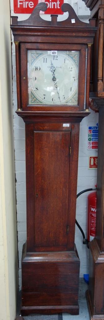 A thirty hour longcase clock, the square hood with broken arch pediment and corinthian pillars enclosing a painted square dial detailed 'Olive & Birch