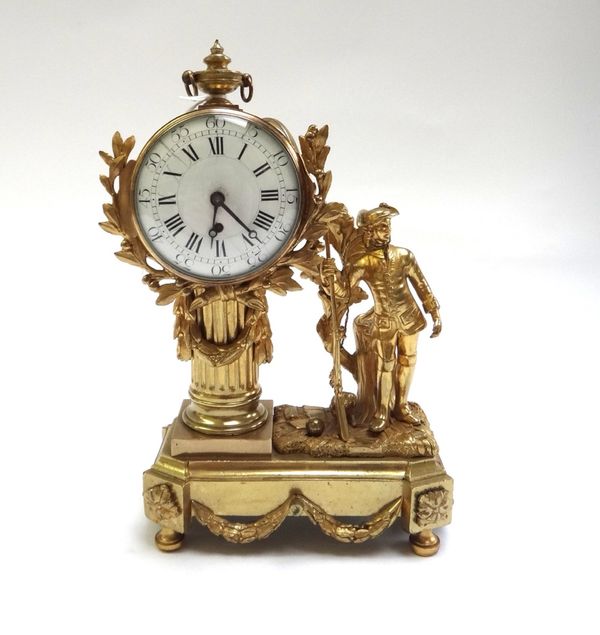 A Louis XVI style ormolu timepiece, late 19th/early 20th century, the drum case with enamel dial set atop a fluted column, next to a Victorian hunting