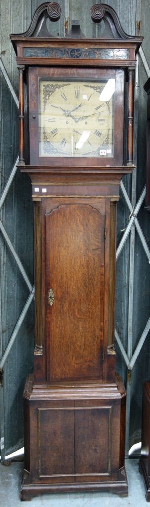 A late 18th century oak and mahogany eight day longcase clock, the brass dial plate with two subsidiary dials detailed 'Willm Kirk, Stockport', set wi