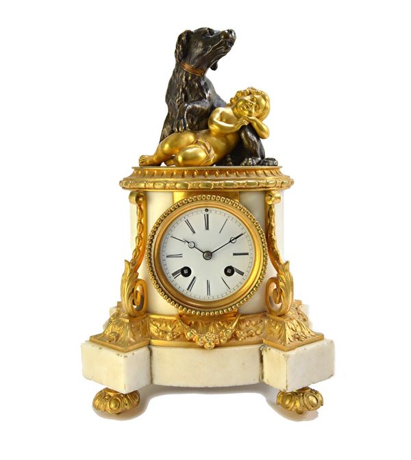A French bronze, gilt and white marble mantel clock, late 19th century, with figural surmount of a dog guarding a sleeping child, the movement back pl