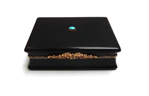 A tortoiseshell, gold and turquoise mounted snuff box, 19th century, with internal paper note reading 'Presented by Napoleon III to The Right Hon Lord