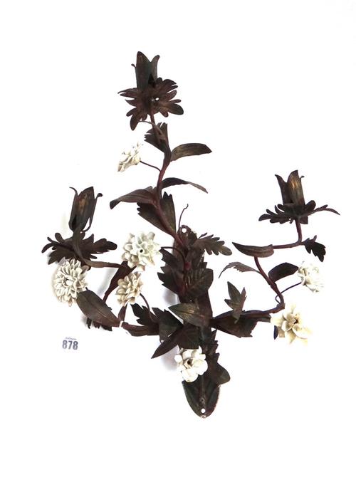 A pair of Italian white porcelain and gilt metal three branch wall appliques, 38cm high (2).