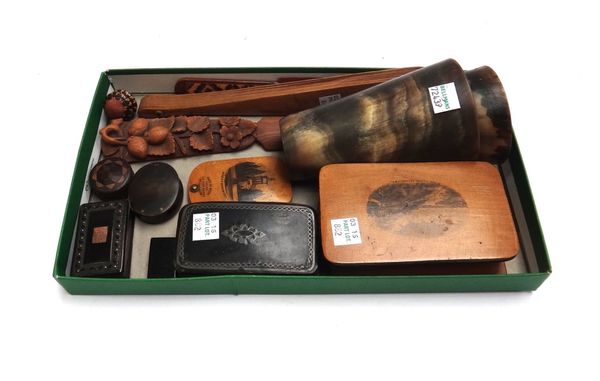 A group of treen collectables, including; a Mauchline Ware stamp box detailed 'The Cliffs, Felixstowe', 12cm wide, a Mauchline Ware aide memoire detai
