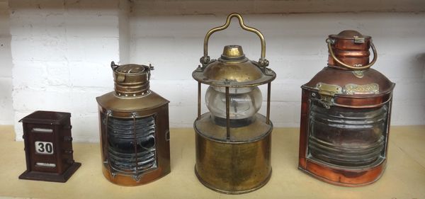 An unusual brass and glass lantern, early 20th century, possibly naval, 40cm high, together with a copper 'Starboard' ship's lantern, a smaller simila