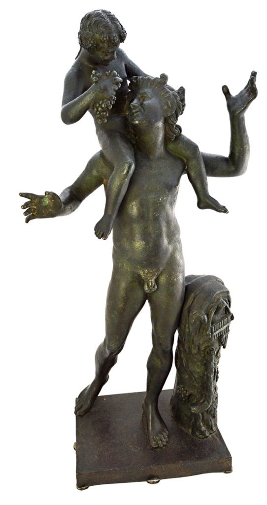 An Italian bronze group of a faun with the infant Bacchus, late 19th century, cast by Michele Amodio of Naples, after the antique, on a rectangular ba