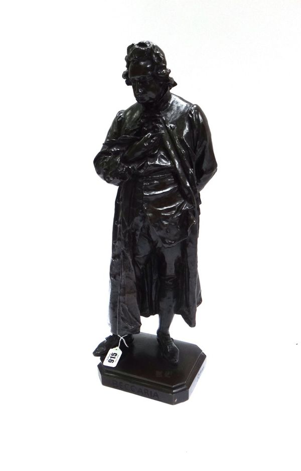 An Italian bronze statuette of Cesare Beccaria, circa 1900, after Guissepe Groundi, (1843-1894), on a canted rectangular base entitled 'BECCARIA and s