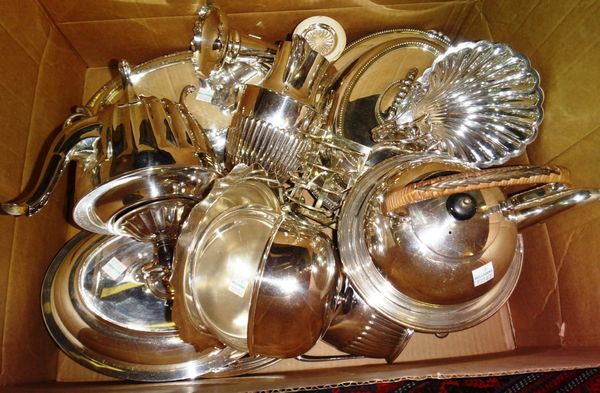 A quantity of silver plated wares including three oval lidded entree dishes, a lidded muffin dish and a spirit kettle with a stand. (12)