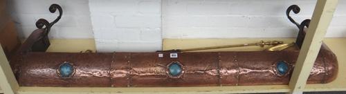 An Art Nouveau sheet copper and hardstone mounted fire curb, 156cm wide, and a set of three brass fire tools, the shovel 71cm (4).
