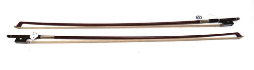A mahogany cello bow, stamped 'W.R Wild', and one other cello bow, 74cm. (2)