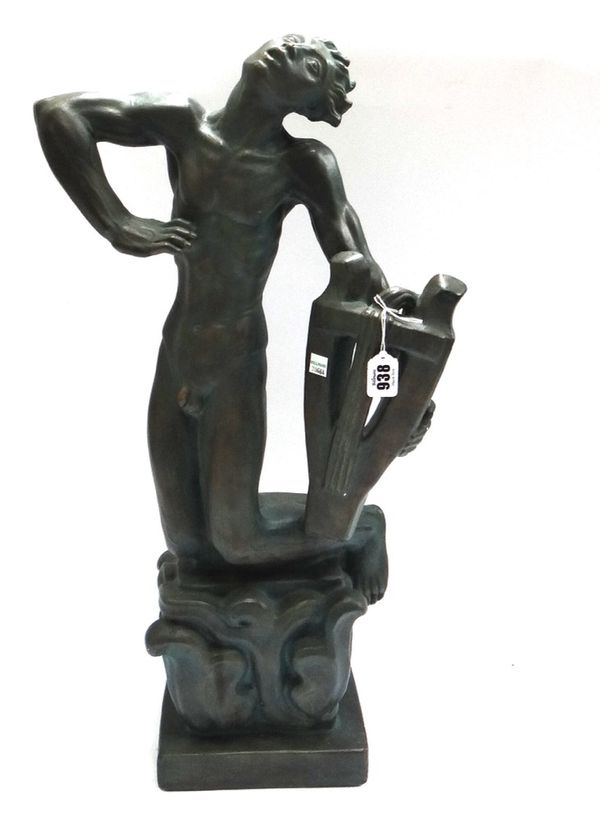 An Art Deco style patinated plaster maquette by John Lundquist, depicting a naked male with a lyre, incised to the base 'John Lundquist 19*8' (a.f), 6