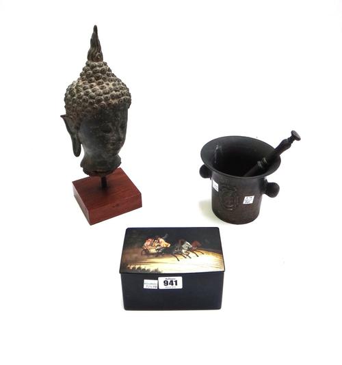 A Russian papier mache box, late 19th century, decorated with a Troika scene and with interior maker's mark, 14cm wide, together with a bronze South E