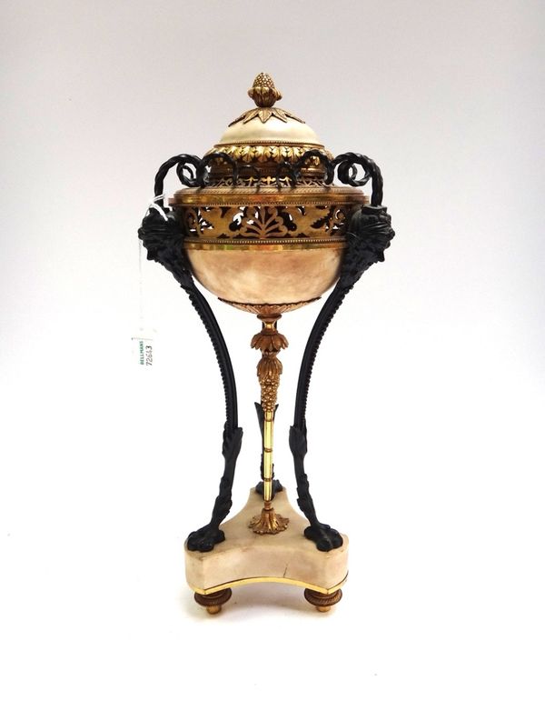 An Empire style marble and ormolu mounted pot pourri vase and cover, late 19th/early 20th century, with pineapple finial over a pierced ormolu band wi