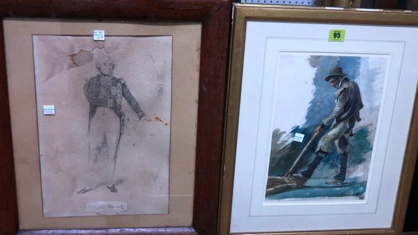 Blancioni (19th century), Study of a labourer, watercolour, signed; together with a sketch of Lord Nelson, damaged.