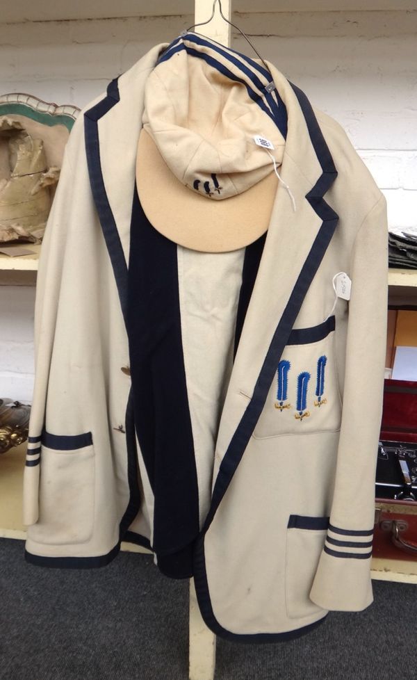 A Vintage sports blazer and cap, early-mid 20th century, possibly Rugby Union or Cricket embroidered with The Prince of Wales three blue feathers agai