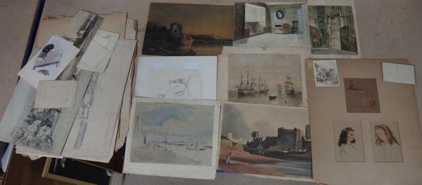 A folio of assorted watercolours drawings, prints and engravings, including landscape and figurative subjects.(qty)