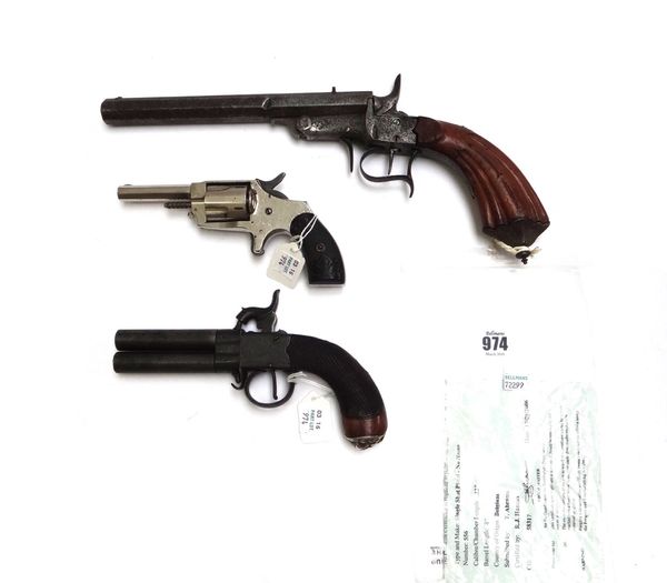 A .22 Belgian pistol, late 19th century deactivated and with certificate, a double barreled percussion pistol, 19th century with foliate engraved lock