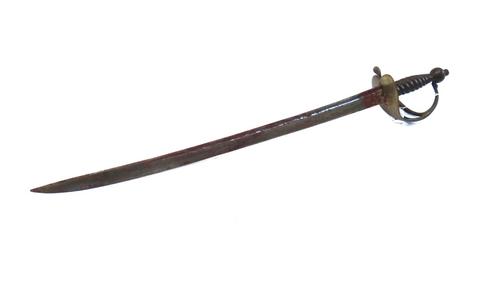 A 1751 pattern sword of the Huntingdon milita, circa 1760, with curved steel blade (62cm) heart shaped dish guard engraved 'M HUNTINGDON 2/54' and two
