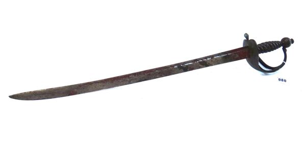 A 1751 pattern sword of the Huntingdon milita, circa 1760, with curved steel blade (62cm) heart shaped dish guard engraved 'M HUNTINGDON 2/7' and two