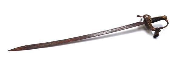 An English Naval Officer's sword, 19th century, with curved steel blade (77cm), brass pierced guard and leather grip (a.f.) (91cm overall).
