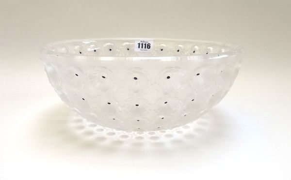 A Lalique 'Nemours' clear and frosted glass bowl, late 20th century, etched 'Lalique, France' to the base, 25.3cm diameter.