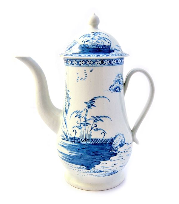 A Chaffers Liverpool blue and white baluster coffee pot and cover, circa 1760, painted with the chinoiserie `Trellis Fence' pattern, 24cm. high. Illus