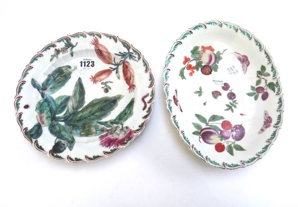 A Chelsea porcelain plate, circa 1760, painted with flowers and insects within a relief moulded gadrooned circular border, 21.3cm diameter, together w