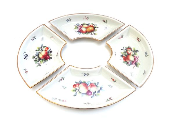 A set of four English porcelain supper hors d'oeuvres dishes, early 19th century, each painted in the centre with fruit surrounded by flower sprigs, 2