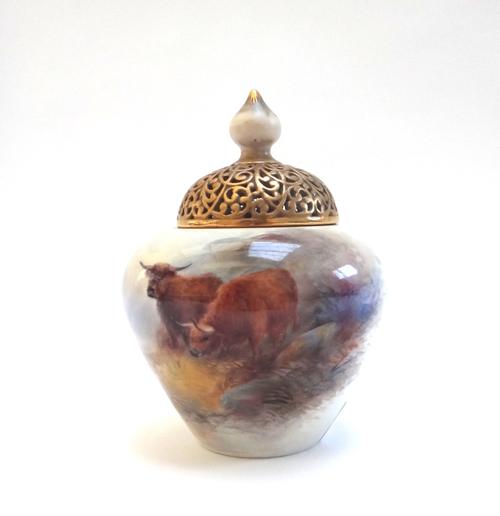 A Royal Worcester porcelain pot pourri vase and cover, circa 1911, painted with highland cattle by Harry Stinton, signed, and with green printed marks