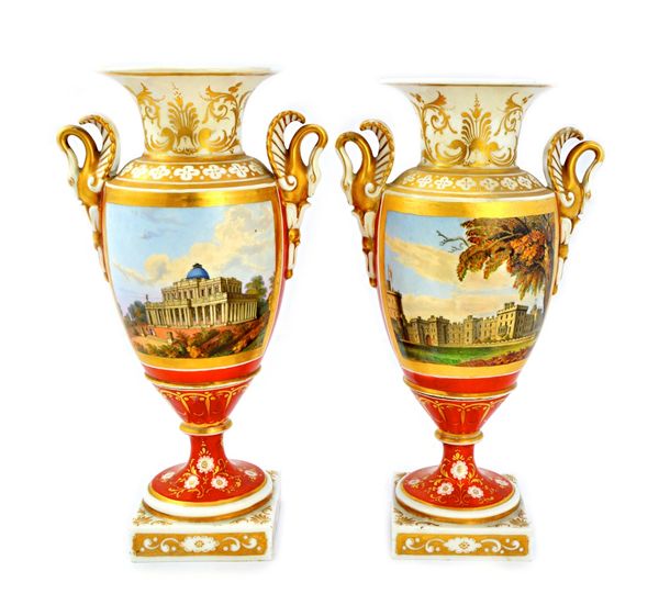A pair of Chamberlain Worcester porcelain vases, circa 1820-30, each of two handled urn form, one painted with Windsor Castle and the other with Pitvi