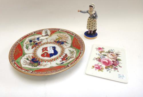 A Chamberlain Worcester porcelain figure, circa 1830, of a broom-girl on a blue circular base, 13cm high, a Chamberlain Worcester cabinet plate decora