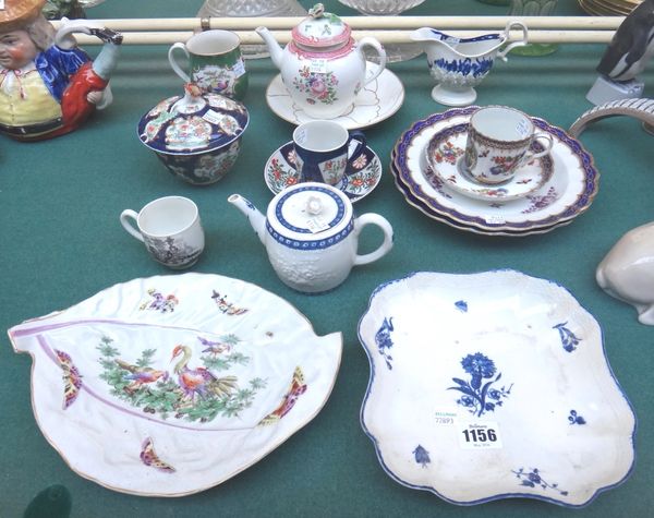 A quantity of Worcester porcelain, 18th century, including; a leaf moulded dish painted with birds and insects, a blue and white barrel shaped teapot