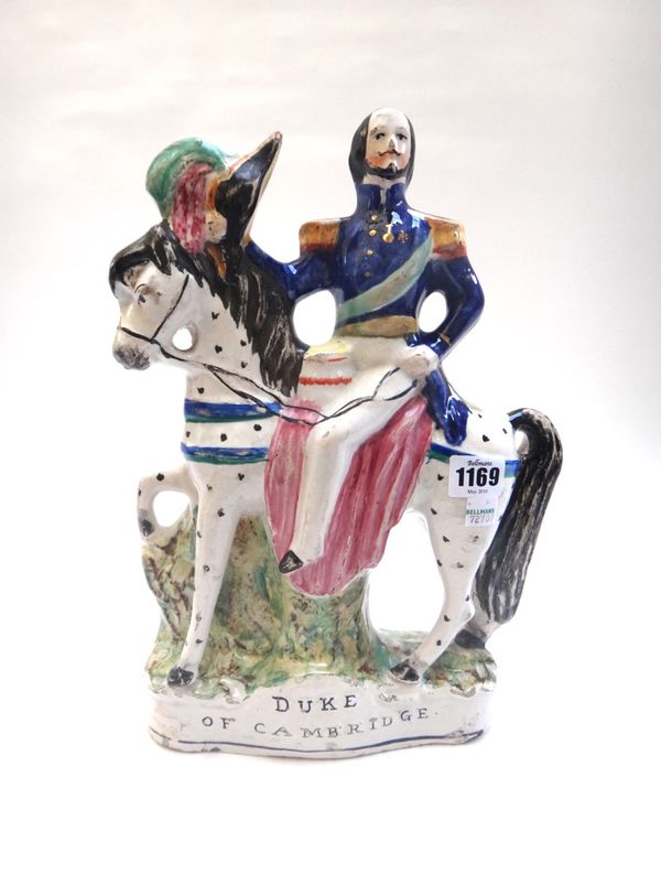 A collection of nine Staffordshire pottery flatback figures and groups, comprising; 'Duke of Cambridge on horseback', 36cm high, a pair 'Princess Mary