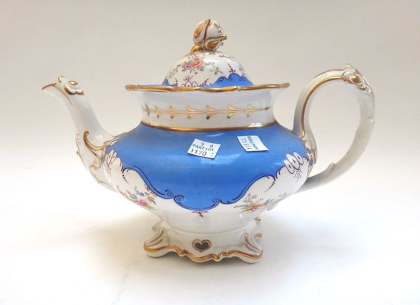 A group of nine English porcelain teapots and covers and one teapot stand, mostly Ridgway, 19th century, various forms and decoration including a Rock