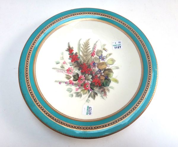 A Royal Worcester porcelain part dessert service, late 19th century, hand painted with flowers against a turquoise jewelled ground, comprising; a tall