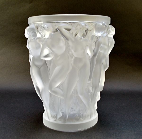 A Lalique 'Bacchantes' clear and frosted glass vase, late 20th century, with interior label and etched mark 'Lalique, France', 24.5cm high, boxed. Ill
