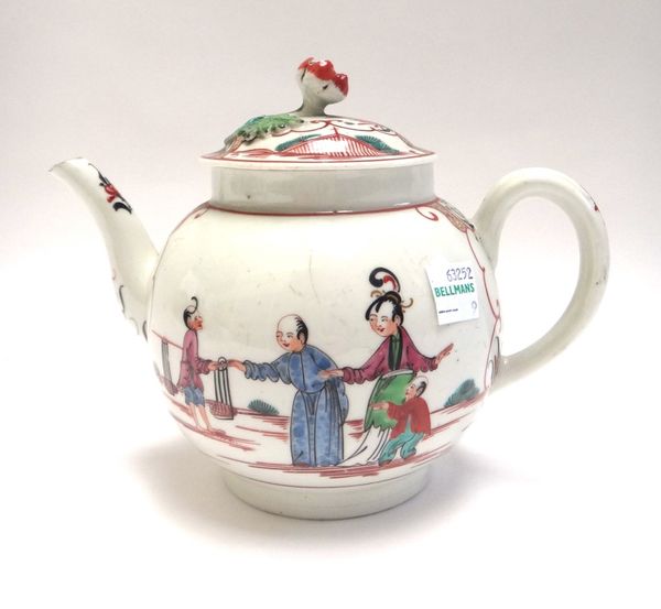 A Worcester polychrome bullet shaped teapot and cover, circa 1770, painted with Oriental figures, the cover with flower knop, 13cm.high.