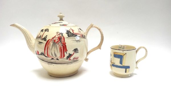A creamware bullet shaped teapot and cover, circa 1770, with leaf moulded handle and fluted spout, painted in brick-red and black with a couple in a l