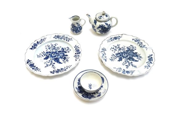 A group of Worcester blue and white printed porcelain, 1770's, comprising; a pair of `Pine cone' pattern plates; a `Three Flowers' pattern teapot and