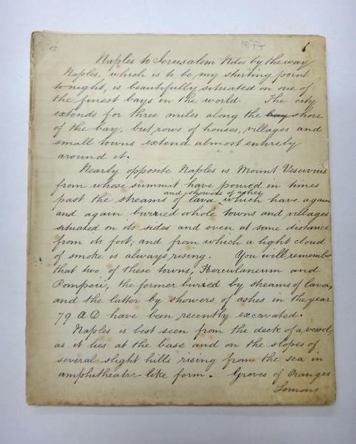 MEDITERRANEAN - 'Naples to Jerusalem Notes by the way' -  incipit of ink ms. on notes of 35 ruled leaves from a (disbound) exercise book; appears to b