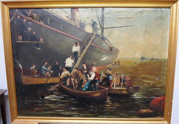 ** Arosa (late 19th century), Figures embarking on a ship, the 'Angeles', oil on canvas, indistinctly signed and dated 1894.