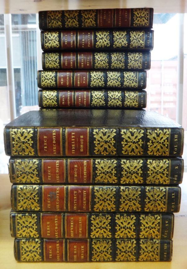 [BINDINGS]  The Percy Anecdotes  . . .  16 vols (only, ex 20). engraved titles & plates; contemp. maroon straight-grain morocco, gilt-decorated & pane