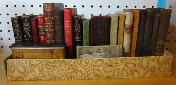 BINDINGS - small volumes, mostly 18th & 19th centuries in leather & cloth.  *  includes a Hoyle's Game of Whist (Dundee, 1806) in pictorial slipcase,