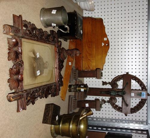 A quantity of collectables, including a wooden desk stand, a Corpus Christi altar piece, a lacquer box and sundry. (qty)