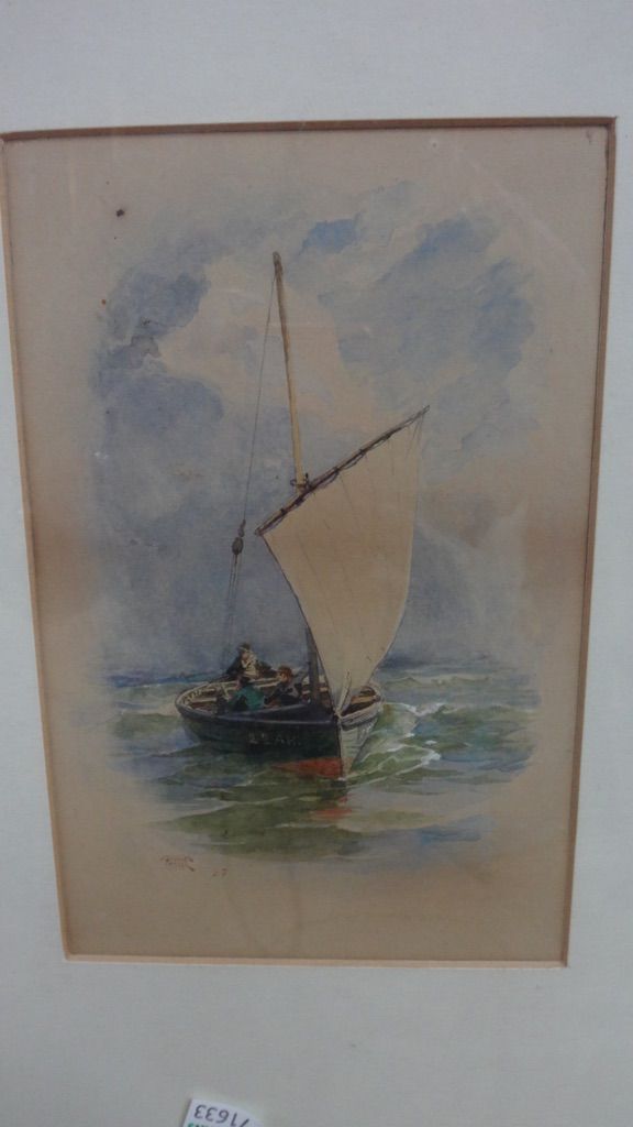 John Simpson Fraser (c.1840-1900), Boats in sail, a pair, watercolour, both signed, each 17cm x 11cm.; together witha further watercolour of a village