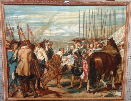 Joseph Gabriel Tourny (1817-1880), after Diego Velasquez, The Surrender of Breda, watercolour, signed, inscribed Madrid and dated 1873, 65cm x 81cm.