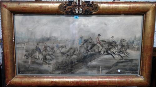 After R. Roux, Over the fence, aquatint with hand colouring, in a shaped gilt frame with heraldic cartouche.