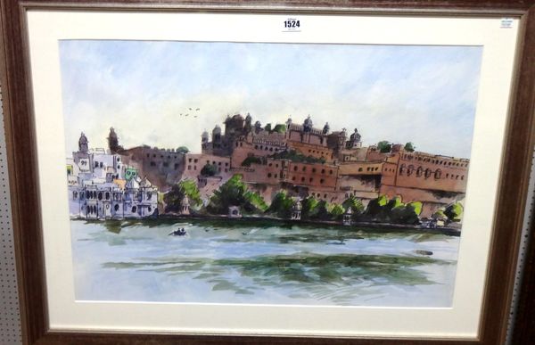 Teddy Millington Drake (1932-1994), View of the palace from the river, India, watercolour over pencil, 46cm x 67cm.; together with another unframed wo