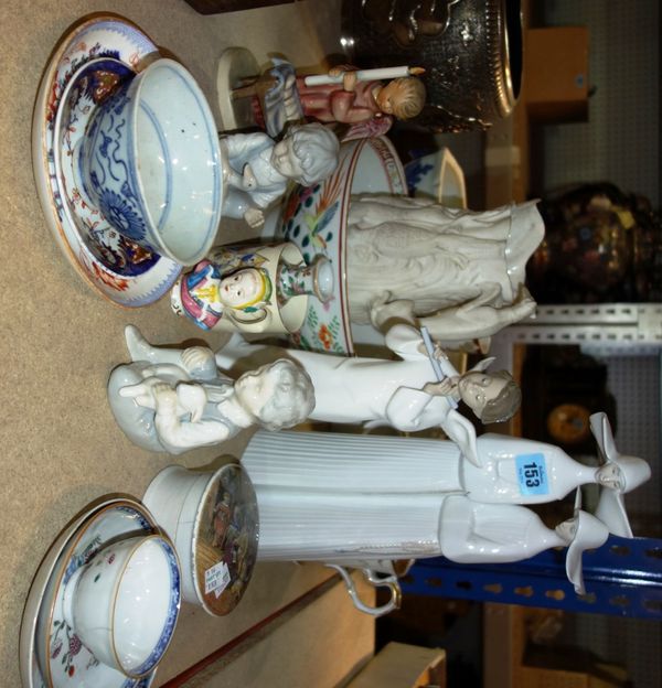 A quantity of assorted ceramics, including a greyhound handle jug, Lladro type figures, Chinese bowls and sundry. (qty)